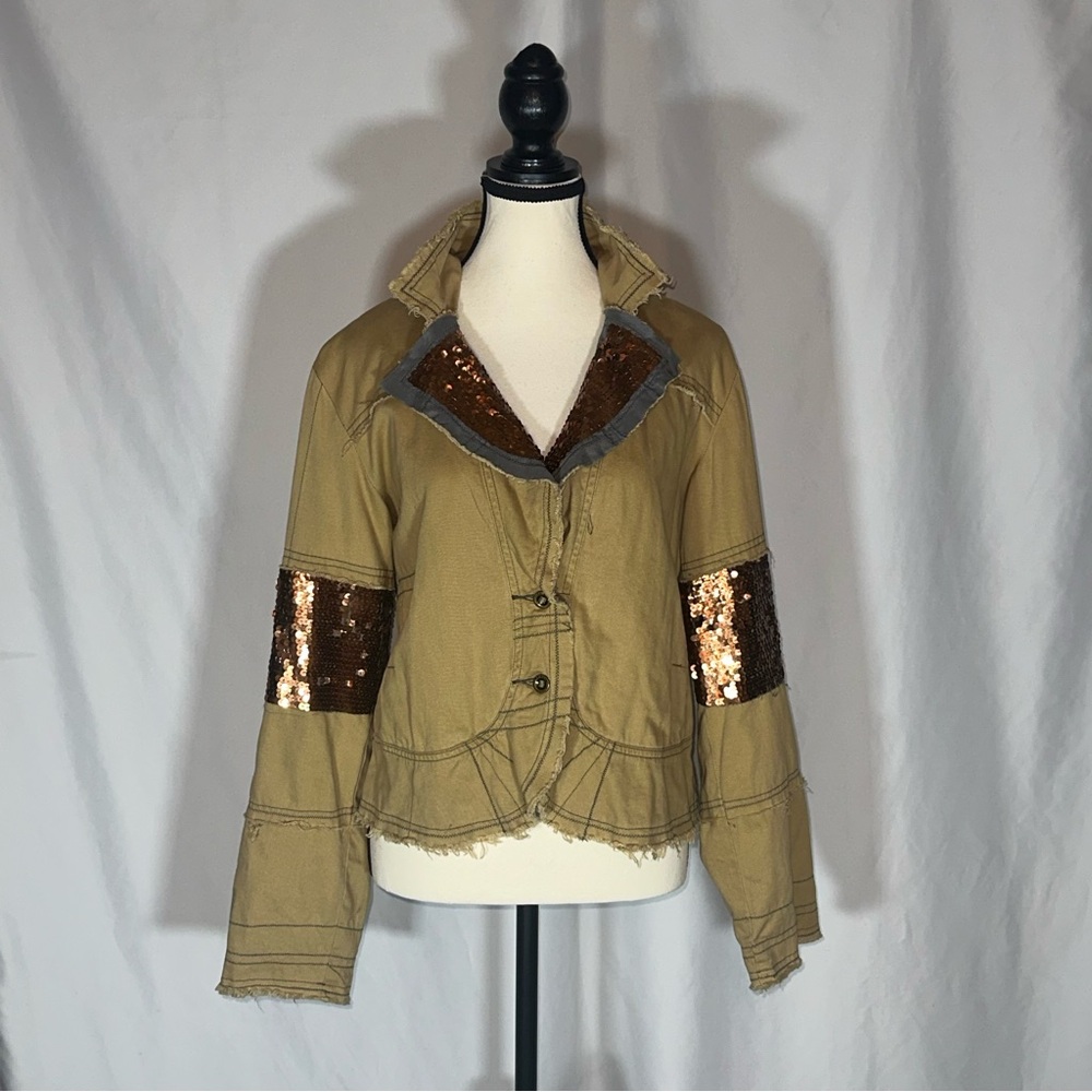 DA-NANG Brown Sequin Distressed Blazer Jacket sz M Y2K Vintage Streetwear Grunge